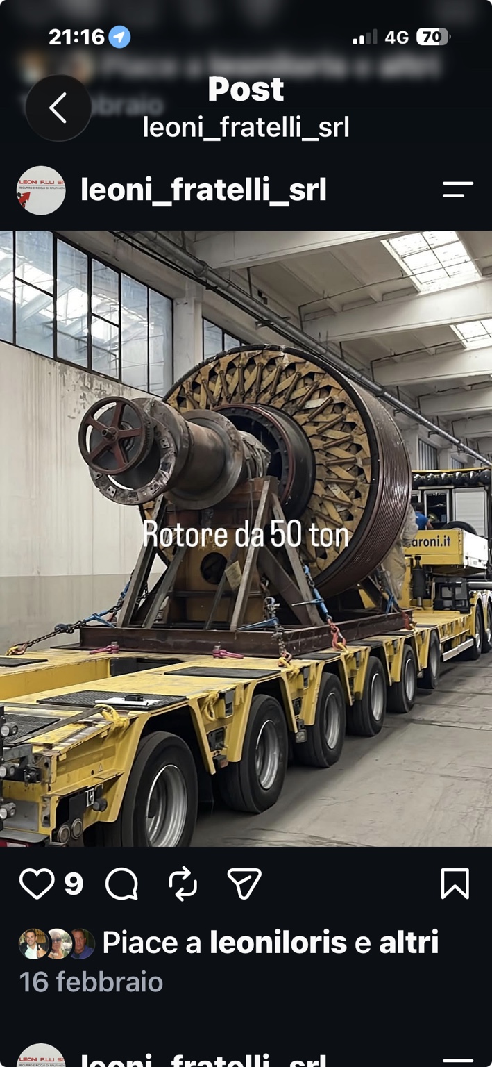 Rotore industriale da 50 tonnellate su trasporto eccezionale